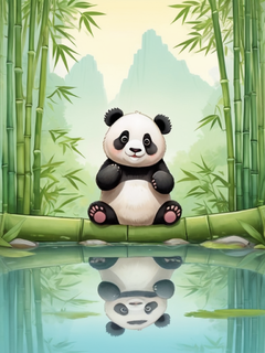 竹子、卡通熊猫、丰富的自然风光、浅色系，细致的绘画、丰富的细节、对称构图、池塘，极简主义