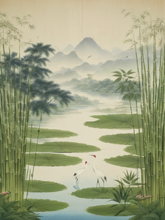 荷花池、竹子、白鹤、丰富的自然风光、细致的绘画、丰富的细节、植物、山丘、池塘、对称构图、极简主义