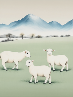 金碧山水画，扁平插画，极简主义，片草原，一排小羊，远处一座雪山，白雪皑皑，视觉冲击力，水平构图，张大千，陈家冷，岩彩板绘