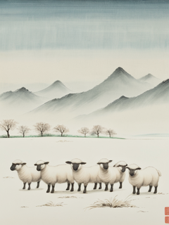 金碧山水画，扁平插画，极简主义，片草原，一排微型小羊，远处一座雪山，白雪皑皑，视觉冲击力，水平构图，张大千，陈家冷，岩彩板绘
