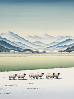 彩色画，扁平插画，极简主义，片草原，一排微型小羊远景，一座雪山，白雪皑皑，视觉冲击力，水平构图，张大千，陈家冷，岩彩板绘