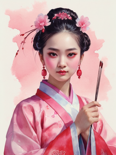 人物穿着汉服，粉色水彩服饰，中式发簪，中国色配色，低饱和度，意境画像，留白，中国晕染水墨