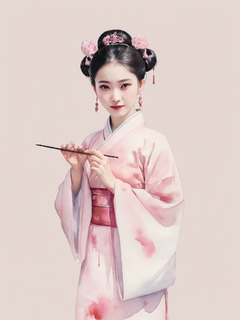 人物穿着汉服，浅粉色水彩服饰，中式发簪，中国色配色，水墨晕染画，全身，极简，低饱和度，意境，留白，中国晕染水墨