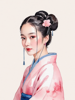 穿着汉服的人物画像，浅粉色水彩服饰，中式发簪，中国色配色，水墨晕染画，全身，极简，低饱和度，意境，留白，中国晕染水墨