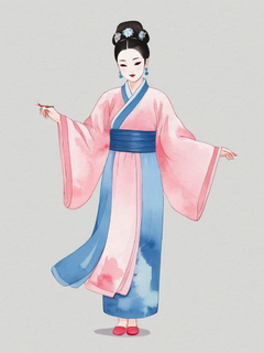 穿着汉服的人物全身画像，中式发簪，浅粉色水彩服饰，灰青色晕染背景，中国色配色，水墨晕染，极简，柔和，低饱和度，意境，左边留白，中式美学