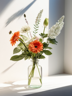 这是一幅美丽的花卉插花插图，琉璃瓶，光影效果，国风配色。杂而不乱的花叶，简洁之美，白色空间，禅意，坚实的背景，治愈，花卉艺术