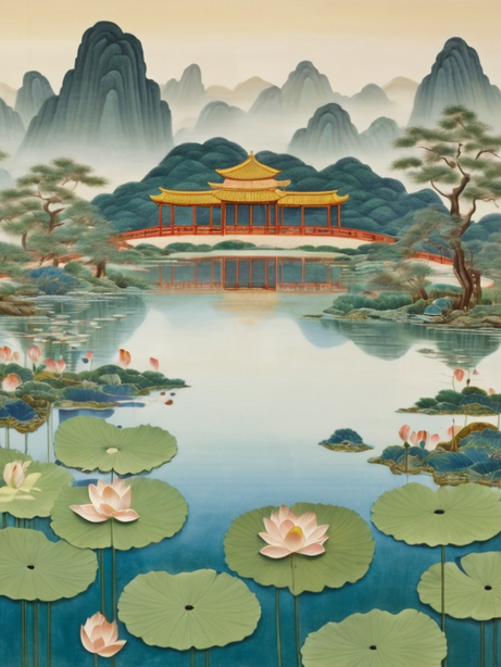 荷塘山水自然风光工笔画