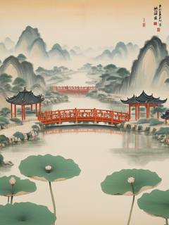 中国建筑、荷塘、丰富的自然风光、工笔画、新中式、丰富的节日画、山水画、植物、山丘、池塘、对称构图、极简主义

