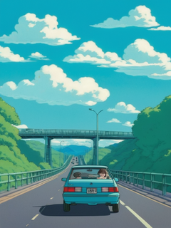 当汽车从远处经过时，一个女人站在桥上。这一场景具有90年代动漫风格的简单卡通风格，有青色的阴影、扁平的颜色和大胆的线条，让人联想到在阳光明媚的蓝天和云朵下高对比度的水粉画。
