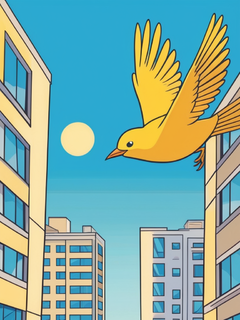 一只黄色的鸟飞过城市路灯的顶部，在有大窗户的公寓楼前，卡通风格，平面插图，简单的线条，蓝天背景，埃尔热和莫比乌斯