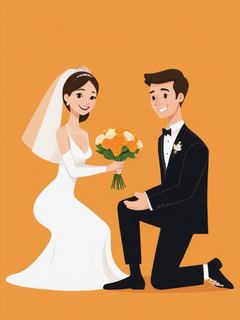 女士穿着白色婚纱，双手交叉，坐在地面上，面带微笑，背景为浅橘色。男士穿着黑色礼服，手持花束，蹲在新娘左侧，也面带微笑。这是一幅简单的扁平矢量插图，背景为纯黄色，采用卡通人物的极简风格，边缘光滑，细节简单，地面无阴影和着色，仅有纯平的颜色，风格类似卡通形象