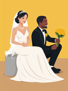 女士穿着白色婚纱，双手交叉，坐在地面上，面带微笑，背景为黄色。男士穿着黑色礼服，手持花束，蹲在新娘左侧，也面带微笑。这是一幅简单的扁平矢量插图，背景为纯黄色，采用卡通人物的极简风格，边缘光滑，细节简单，地面无阴影和着色，仅有纯平的颜色，风格类似卡通形象