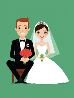 女士穿着白色婚纱，双手交叉，坐在地面上，面带微笑，背景为绿色。男士穿着黑色礼服，手持红色花束，蹲在新娘左侧，这是一幅简单的扁平矢量插图，采用卡通人物的极简风格，边缘光滑，细节简单，地面无阴影和着色，仅有纯平的颜色，风格类似卡通形象