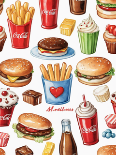 一套精美的食物元素插图，包括麦当劳薯条、汉堡、可口可乐瓶、热狗、布丁、蛋糕、纸杯蛋糕、卡布奇诺、披萨和一些装饰用的迷你软糖，所有这些都是水彩风格的，排列得松散分散。精致而略带异想天开，手绘外观，也以柔和的水彩风格呈现，形状和颜色各不相同，有些比其他更详细。使用的颜色有红色、黄色、蓝色、绿色和奶油色，用于突出亮点，配色方案新鲜，背景为白色