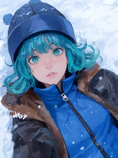 一幅特写照片，描绘了一个头发凌乱、刘海凌乱的年轻女孩，戴着蓝色皮帽，躺在白雪上，用绿色的眼睛看着镜头，卡通动漫