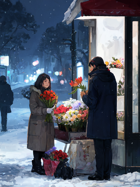 一幅治愈的雪天花店漫画图