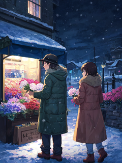 情人节，街头的鲜花商贩，一对情侣买花，夜晚，等待，飘雪效果，动漫插画