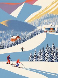 马蒂斯风格的图形插图，描绘了人们从山坡上滑雪。滑雪者在雪地上滑行的鸟瞰图营造出一种有趣而生动的氛围。滑雪者穿着滑雪服，山坡被树木环绕，山顶上有村庄和房屋。它有着丰富多彩的形状和欢乐的氛围，是亨利·马蒂斯、亨利·卢梭、弗里克·詹森、托夫·詹森和伊莎贝尔·阿塞诺的风格。