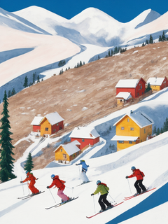 马蒂斯风格的图形插图，描绘了人们从山坡上滑雪。滑雪者在雪地上滑行的鸟瞰图，营造出一种有趣而生动的氛围。滑雪者穿着滑雪服，山坡被树木环绕，山顶上有村庄和房屋。它有着丰富多彩的形状和欢乐的氛围，是亨利·马蒂斯、亨利·卢梭、弗里克·詹森、托夫·詹森和伊莎贝尔·阿塞诺的风格。