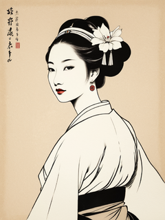 仕女图，古代画像，极简水墨，水墨晕染，留白构图，传统人物，汉服，