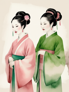 仕女图，古代画像，极简，粉绿色晕染，留白构图，传统人物，汉服，水彩国画，矢量