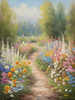 野花花园，油画，色彩柔和，充满活力和欢乐，花卉图案，春天的感觉，繁花似锦