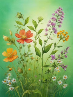渐变绿色背景，一簇簇的野花，逼真油画，漆画，五彩斑斓，充满活力和欢乐，花卉图案，春天的感觉，繁花似锦，鲜艳的配色，油画效果
