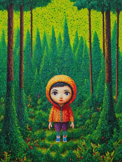 一个迷失在绿色森林中的微型小人，采用当代波普艺术风格，金津，大型画布，硬边画家，引人注目的细节，鸟瞰图，苏德桑帕特奈克