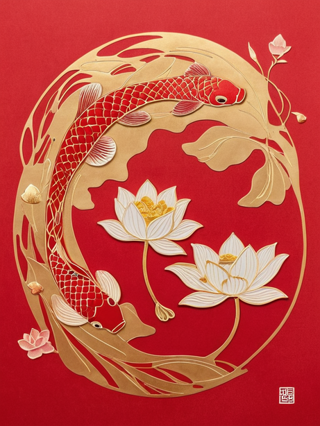荷塘锦鲤嬉戏图禅意金线画