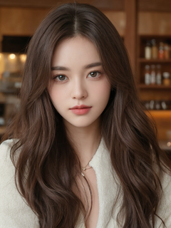 知性美女，棕色长发披肩，发量多，发根蓬松，发缝干净，真实且富有精致感，展现出28岁女性的自信与从容，咖啡店背景墙