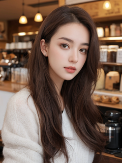 知性美女，棕色长发披肩，发量多，发根蓬松，发缝干净，真实且富有精致感，展现出28岁女性的自信与从容，咖啡店背景墙