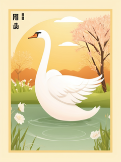 立春海报，节气海报，卡通动漫，创意设计，春天的颜色，柳树，天鹅