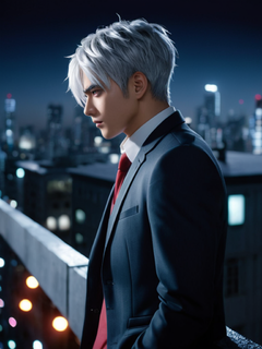 夜晚，楼顶，俯看，动漫效果，冷峻的侧脸，西装笔挺，傲视，银发，灯红酒绿的街道