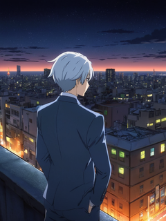 夜晚，楼顶，俯看灯红酒绿的街道，动漫效果，冷峻的侧脸，西装笔挺，傲视，银发