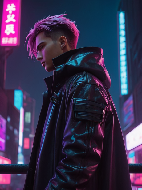 霓虹灯下冷峻侧脸动漫插图