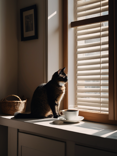 咖啡与猫咪，百叶窗，光影，极简冷淡风，高级拍摄，明暗对比，氛围感