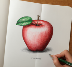 给我一张以日记画的方式，画出一个苹果在4个不同的时间、空间下呈现出的不同形态的图片，要以素描的方式呈现出来