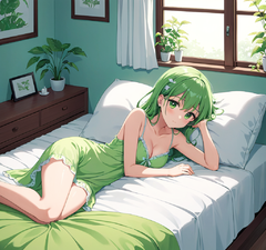 大夏天，简约的房间里，一个可爱的身材曼妙的女生穿着睡裙躺在床上，空调吹着，窗户外面绿色的树叶