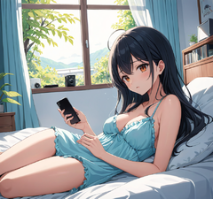 大夏天，可爱的房间里，一个漂亮的的女生，黑色长发，穿着睡裙躺在床上玩手机，远镜头，慵懒，空调吹着，窗户外面树叶