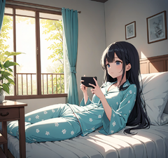 大夏天，可爱的房间里，一个漂亮的的女生，黑色长发，穿着可爱睡衣躺在床上玩手机，远镜头，慵懒，空调吹着，窗户外面树叶