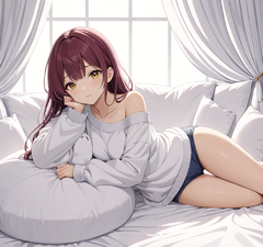 一位18岁左右的亚洲女孩侧躺在蓬松的云朵床上
 穿着 oversized 奶油色毛衣+短裤，露出纤细双腿
及肩的栗色微卷发自然散落，发梢泛着暖金色高光
双手举着粉色手机，屏幕光映照出专注的可爱表情
北欧ins风卧室，淡粉+奶白的莫兰迪配色
左侧有落地窗，纱帘透进晨光形成丁达尔效应
右侧墙面装饰：木质洞洞板+棉花云朵镜子
角落的蘑菇造型落地灯散发暖黄光晕