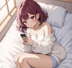 广角远景，一位18岁左右的亚洲女孩躺在蓬松的云朵床上，穿着 oversized 奶油色毛衣+短裤，及肩的栗色微卷发自然散落，发梢泛着暖金色高光，双手举着手机，屏幕光映照出专注的可爱表情
北欧ins风卧室，淡粉+奶白的莫兰迪配色
左侧有落地窗，纱帘透进晨光形成丁达尔效应
右侧墙面装饰：木质洞洞板+棉花云朵镜子