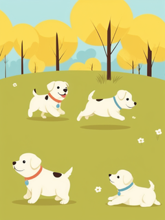 春天的气息，几只小狗玩耍，平面，矢量，极简主义，卡通插画，户外游乐场