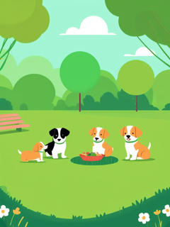 春天，不同体型的小狗一起玩耍，开心，绿色主色调，游乐场，远处是一群在野餐的年轻人，平面，矢量，极简主义，卡通插画，