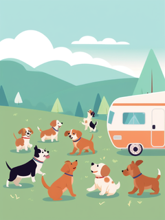 春天，不同体型的小狗一起玩耍，开心，游乐场，远处是一群在露营的年轻人，房车，热闹的场景，平面，矢量，极简主义，卡通插画，