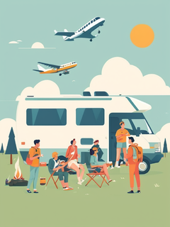 春天，一群在露营的年轻人，房车，热闹的场景，平面，矢量，极简主义，