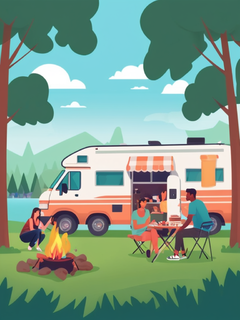 一群在户外露营的年轻人，房车，烧烤架BBQ，热闹的场景，平面矢量