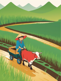 下雨，绿色的柳树，渠沟，一个穿着红色肚兜的孩童骑着一只老黄牛，插秧的农民，平面插画，矢量图