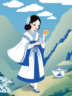国潮风，矢量插图，一大片茶山，采茶的姑娘，穿青花服饰，古风古韵，春天，平面插图
