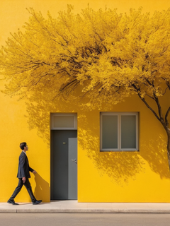一堵巨大的黄色墙壁，两旁的黄色树开满了黄色的花，一个微型的男人走在墙门口，设计简洁